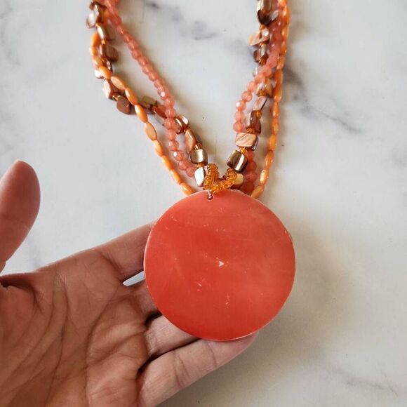 Orange bead necklace coral beach y2k 3 strand large circle pendant sun tropical - Picture 5 of 5